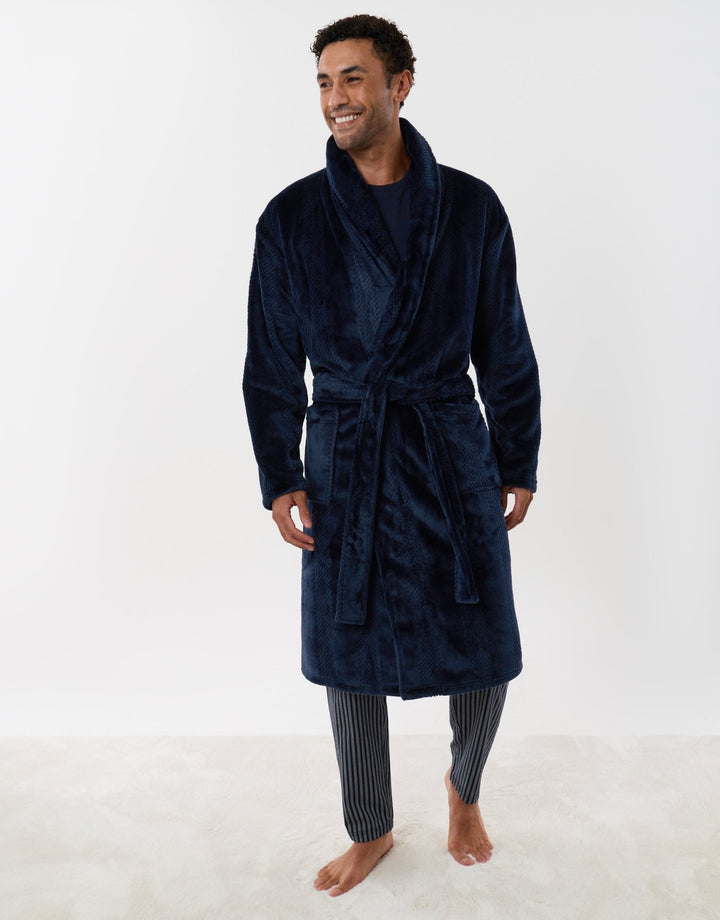 Textured Fleece Dressing Gown in Navy