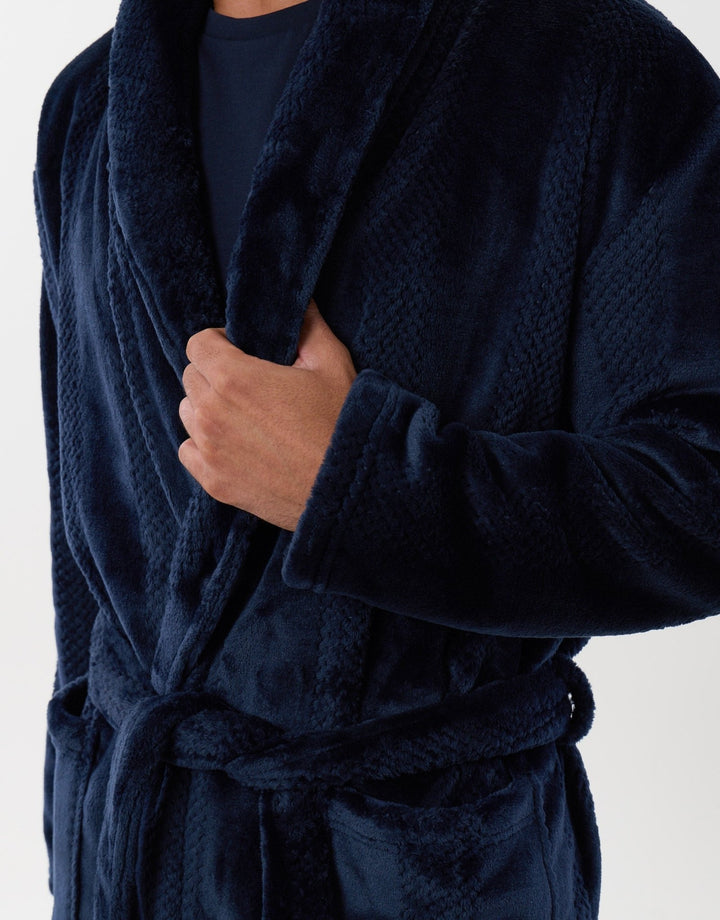 Textured Fleece Dressing Gown in Navy