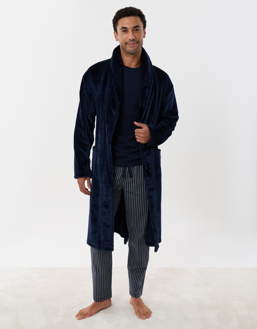 Textured Fleece Dressing Gown in Navy