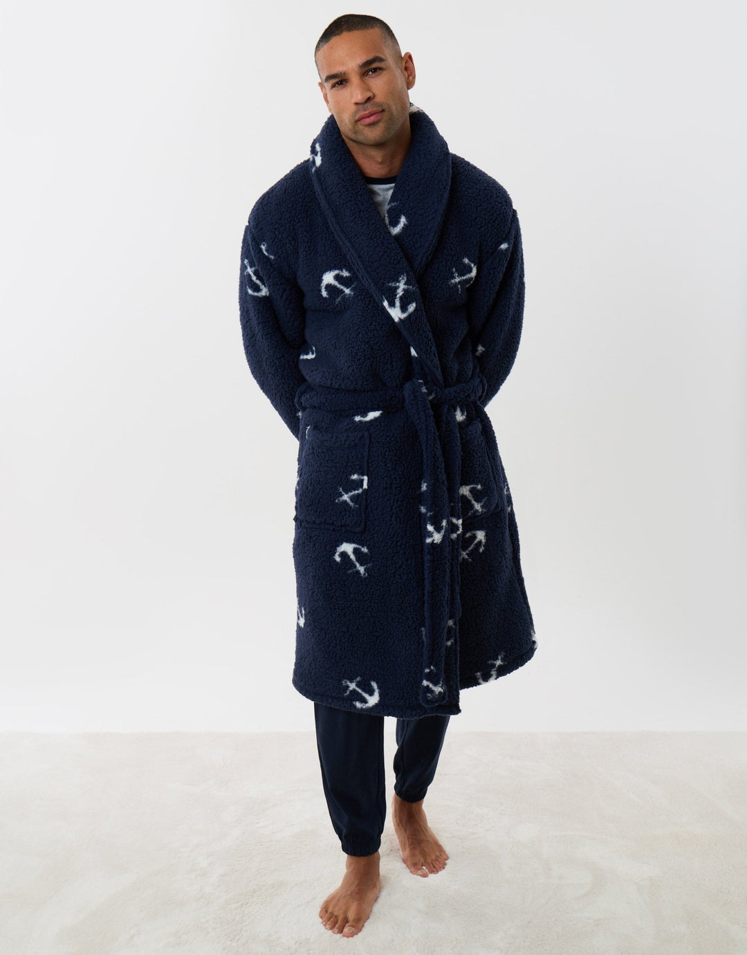 Fleece Dressing Gown in Blue Anchor Print