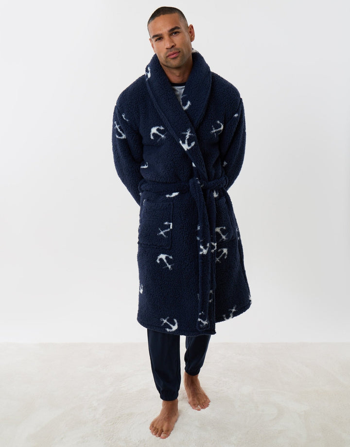 Fleece Dressing Gown in Blue Anchor Print