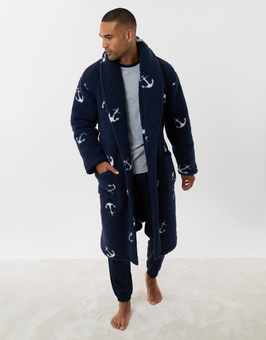 Fleece Dressing Gown in Blue Anchor Print