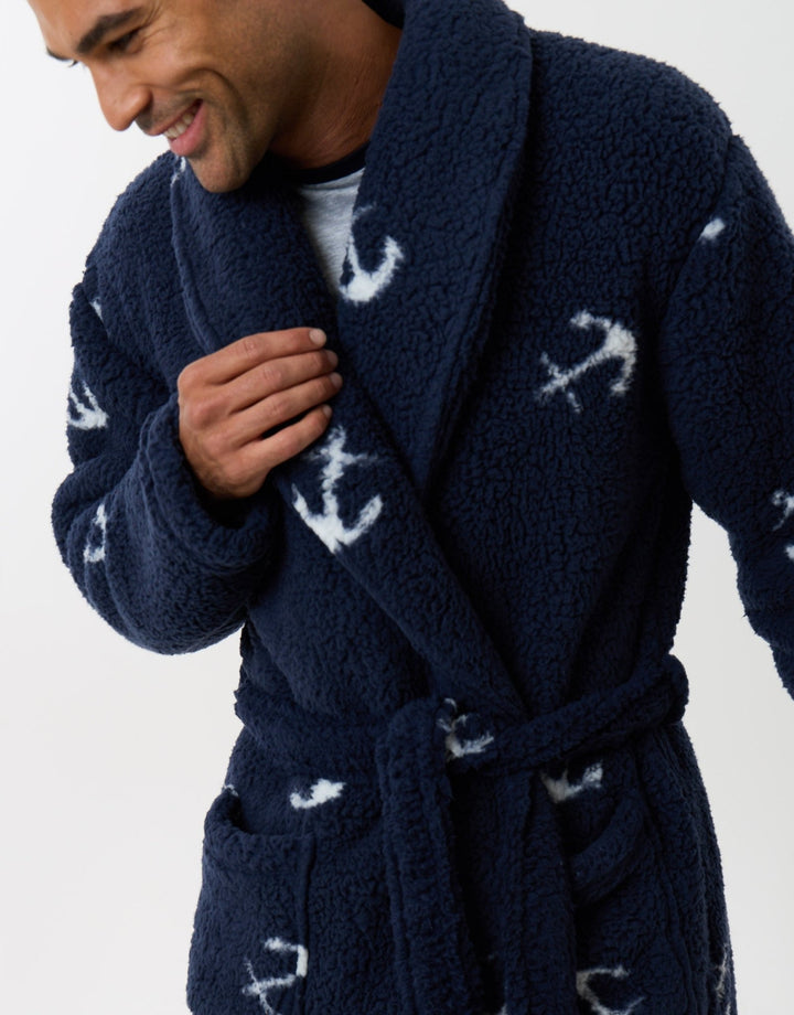 Fleece Dressing Gown in Blue Anchor Print