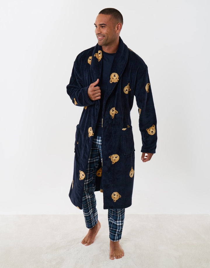 Fleece Dressing Gown in Navy Teddy Print