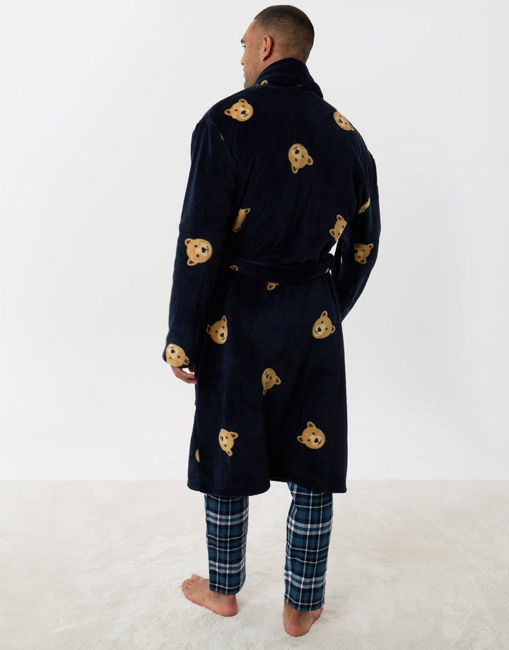 Fleece Dressing Gown in Navy Teddy Print