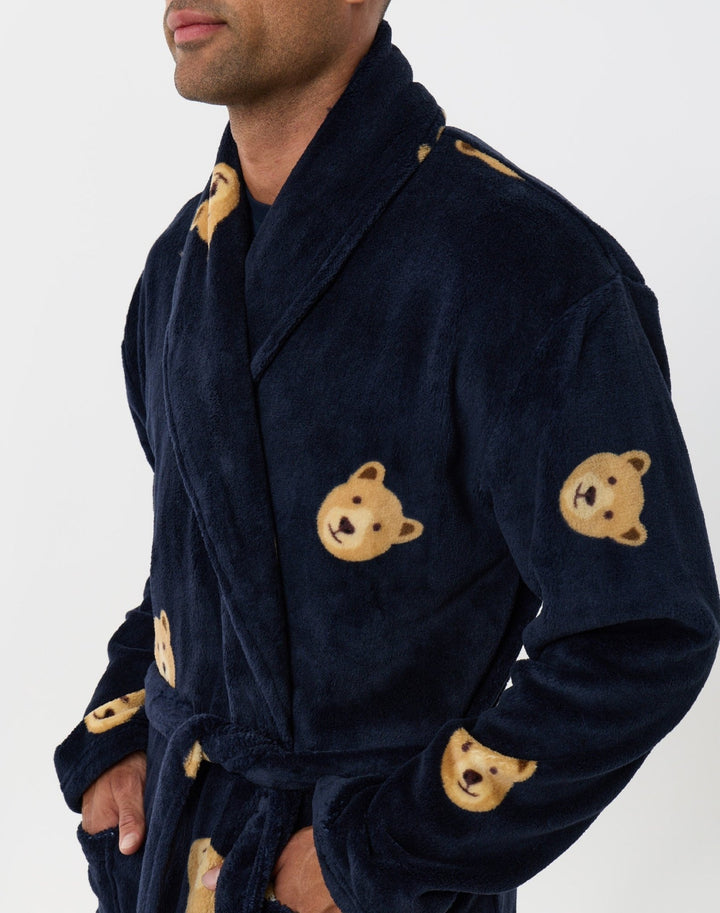 Fleece Dressing Gown in Navy Teddy Print