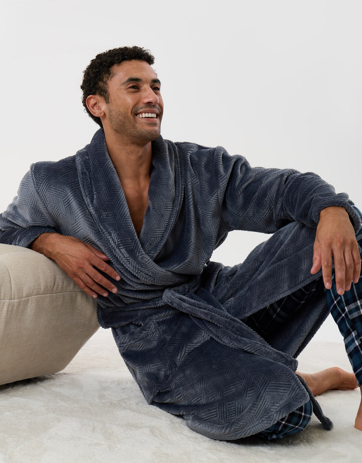 Textured Fleece Dressing Gown in Slate Grey