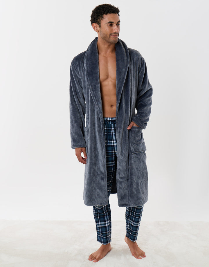 Textured Fleece Dressing Gown in Slate Grey