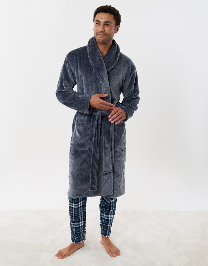Textured Fleece Dressing Gown in Slate Grey