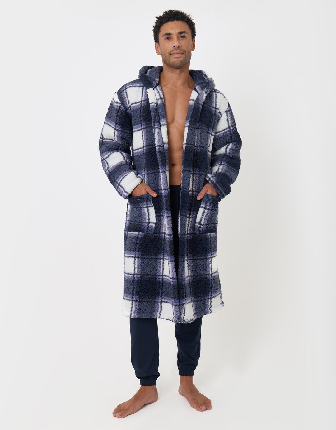 Hooded Fleece Dressing Gown in Navy Check