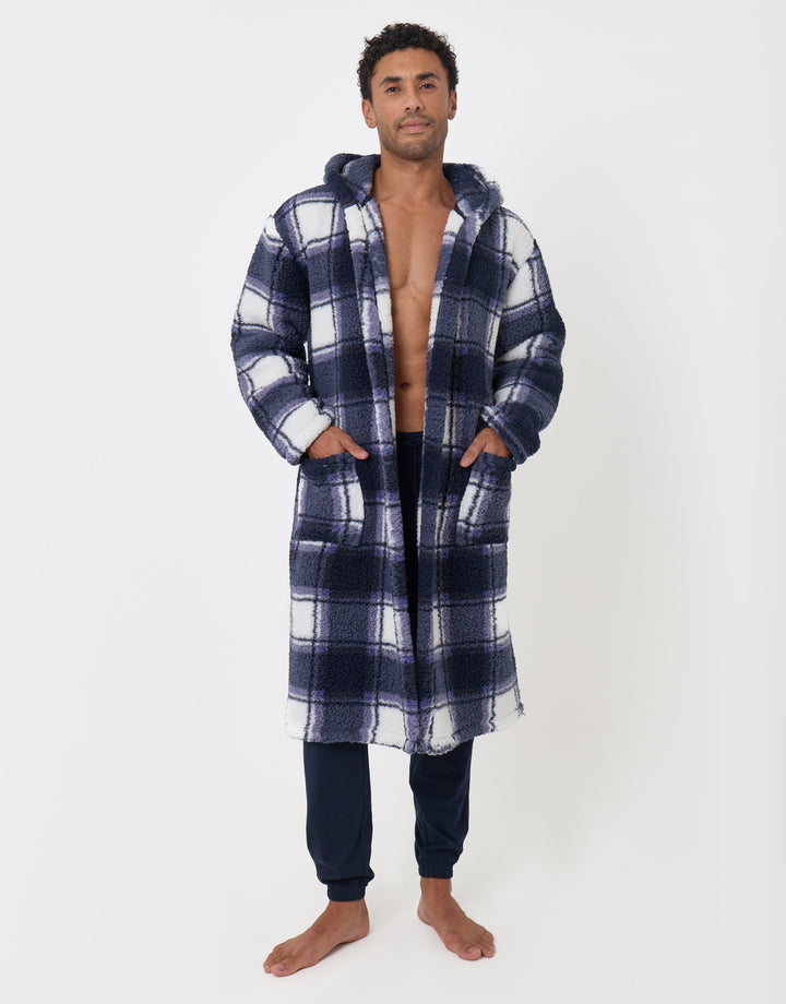 Hooded Fleece Dressing Gown in Navy Check