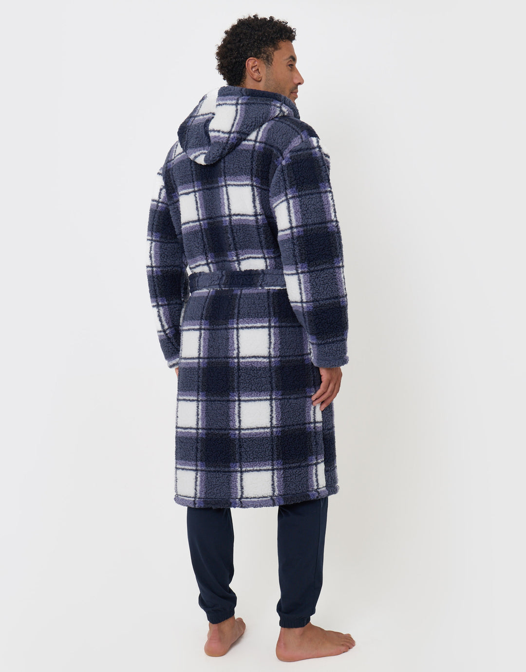 Hooded Fleece Dressing Gown in Navy Check
