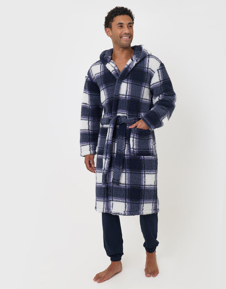Hooded Fleece Dressing Gown in Navy Check