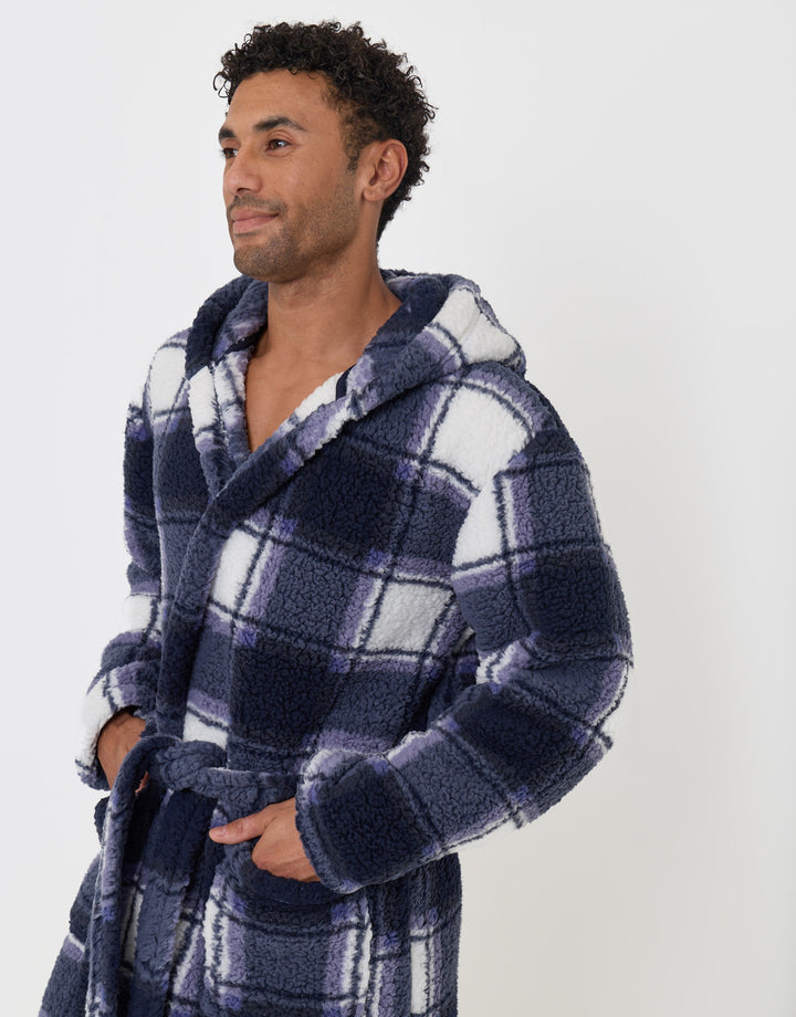 Hooded Fleece Dressing Gown in Navy Check