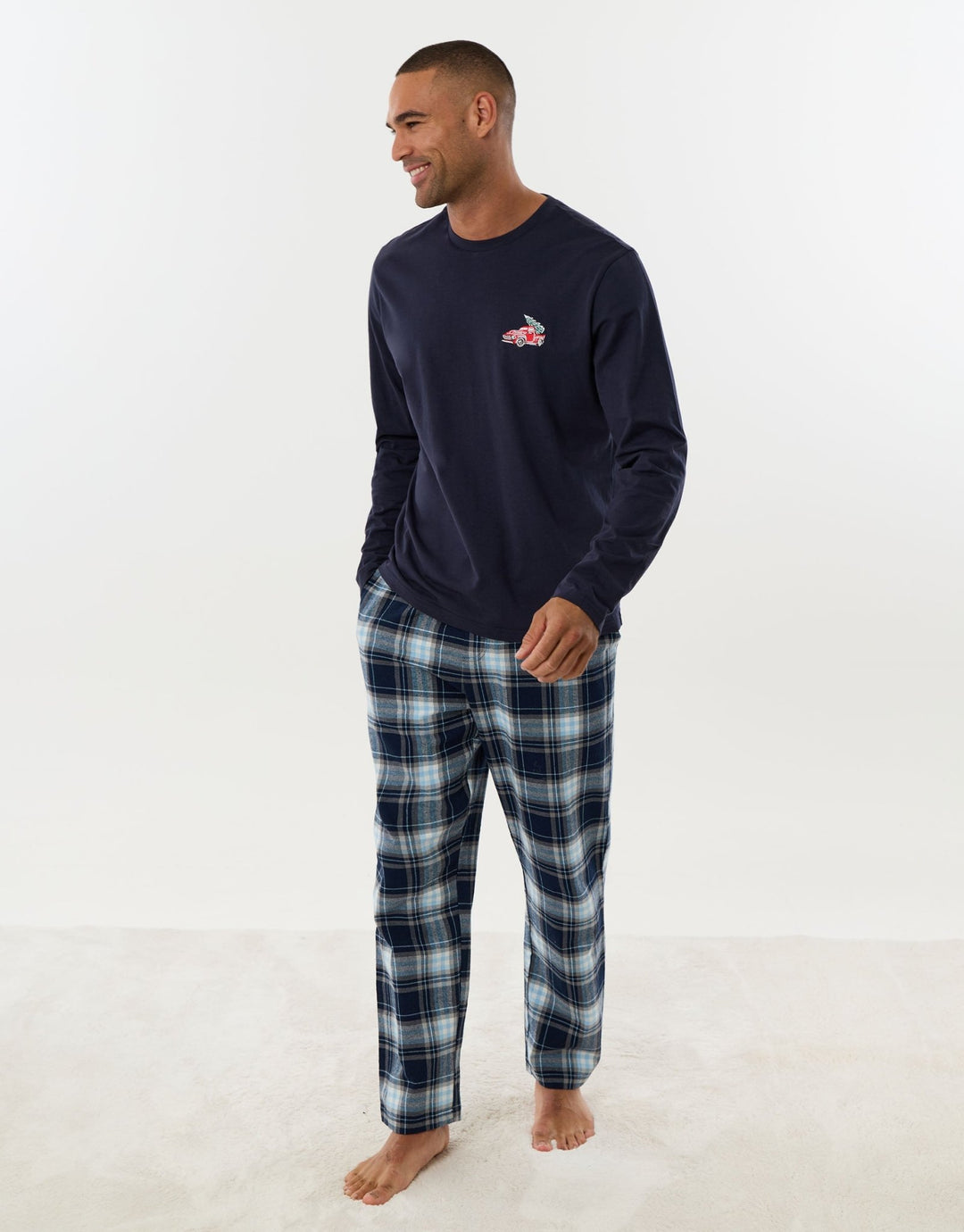 Cotton Embroidered Candy Cane Christmas Pyjama Set in Navy Check