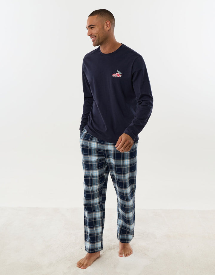 Cotton Embroidered Candy Cane Christmas Pyjama Set in Navy Check