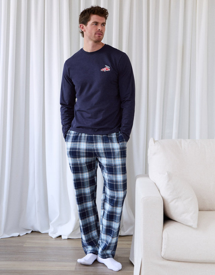 Cotton Embroidered Candy Cane Christmas Pyjama Set in Navy Check