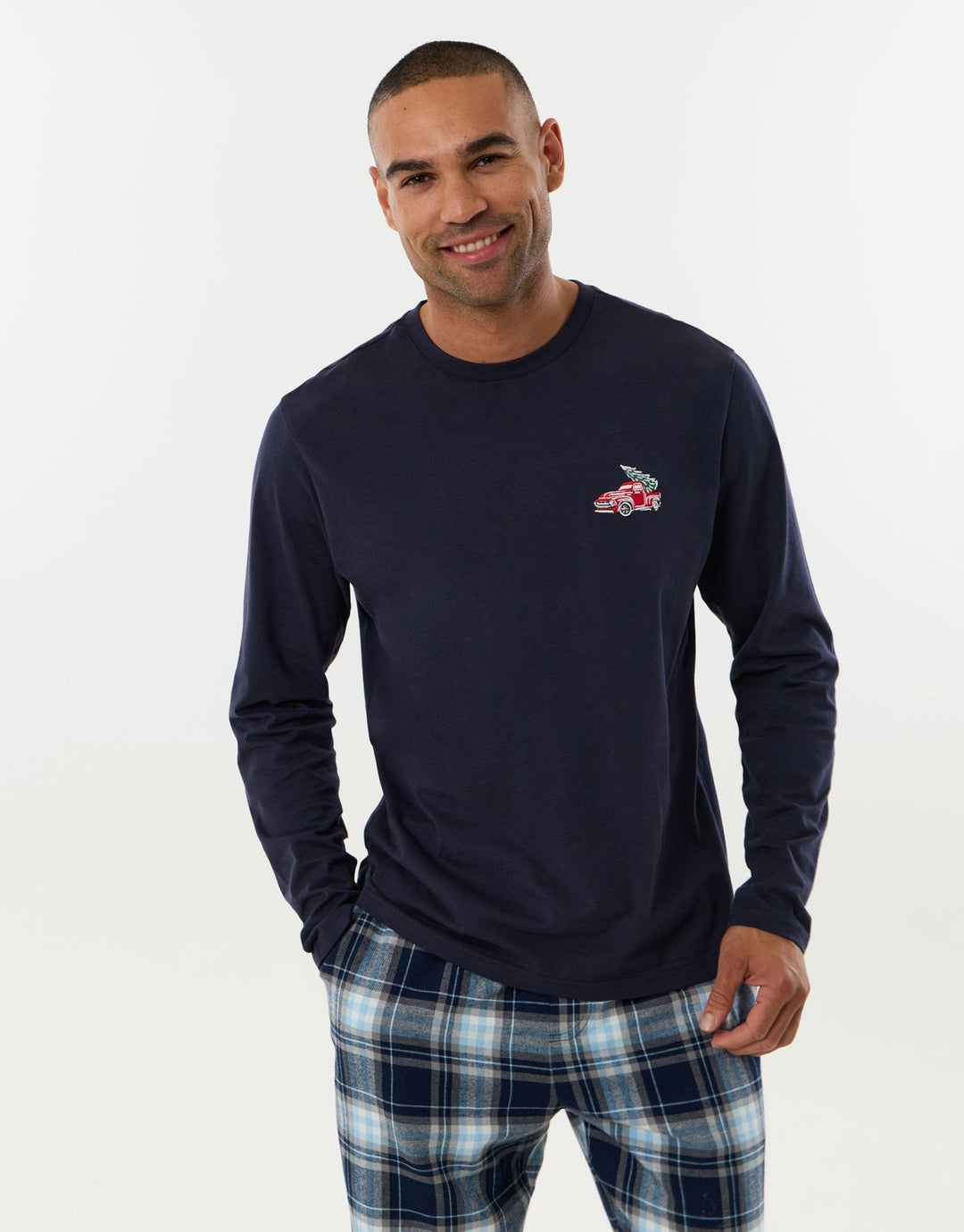 Cotton Embroidered Candy Cane Christmas Pyjama Set in Navy Check