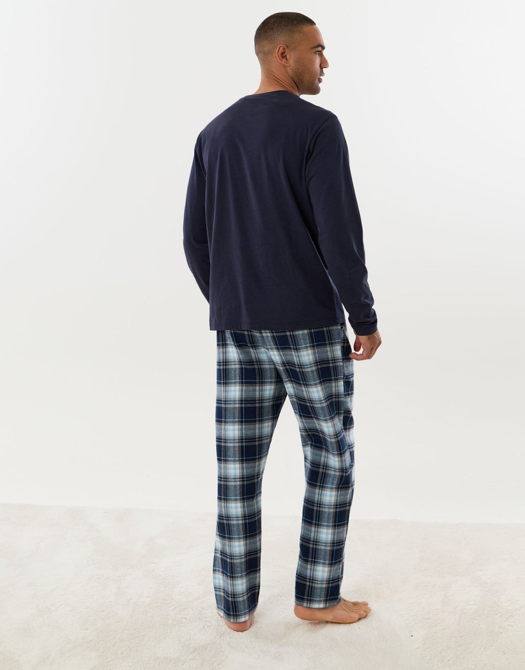 Cotton Embroidered Candy Cane Christmas Pyjama Set in Navy Check