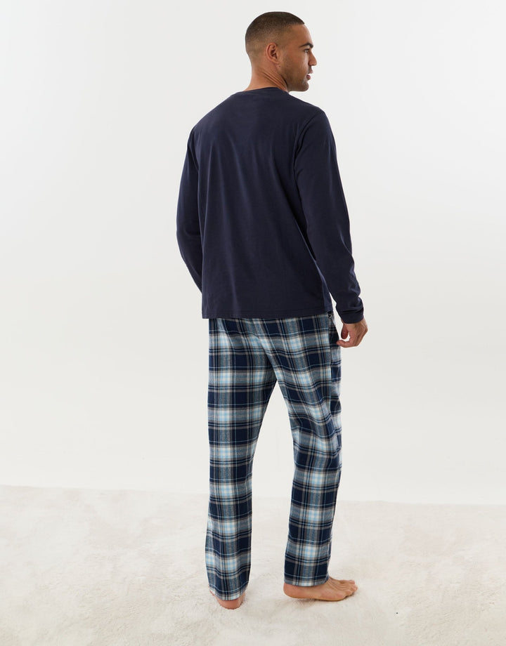 Cotton Embroidered Candy Cane Christmas Pyjama Set in Navy Check