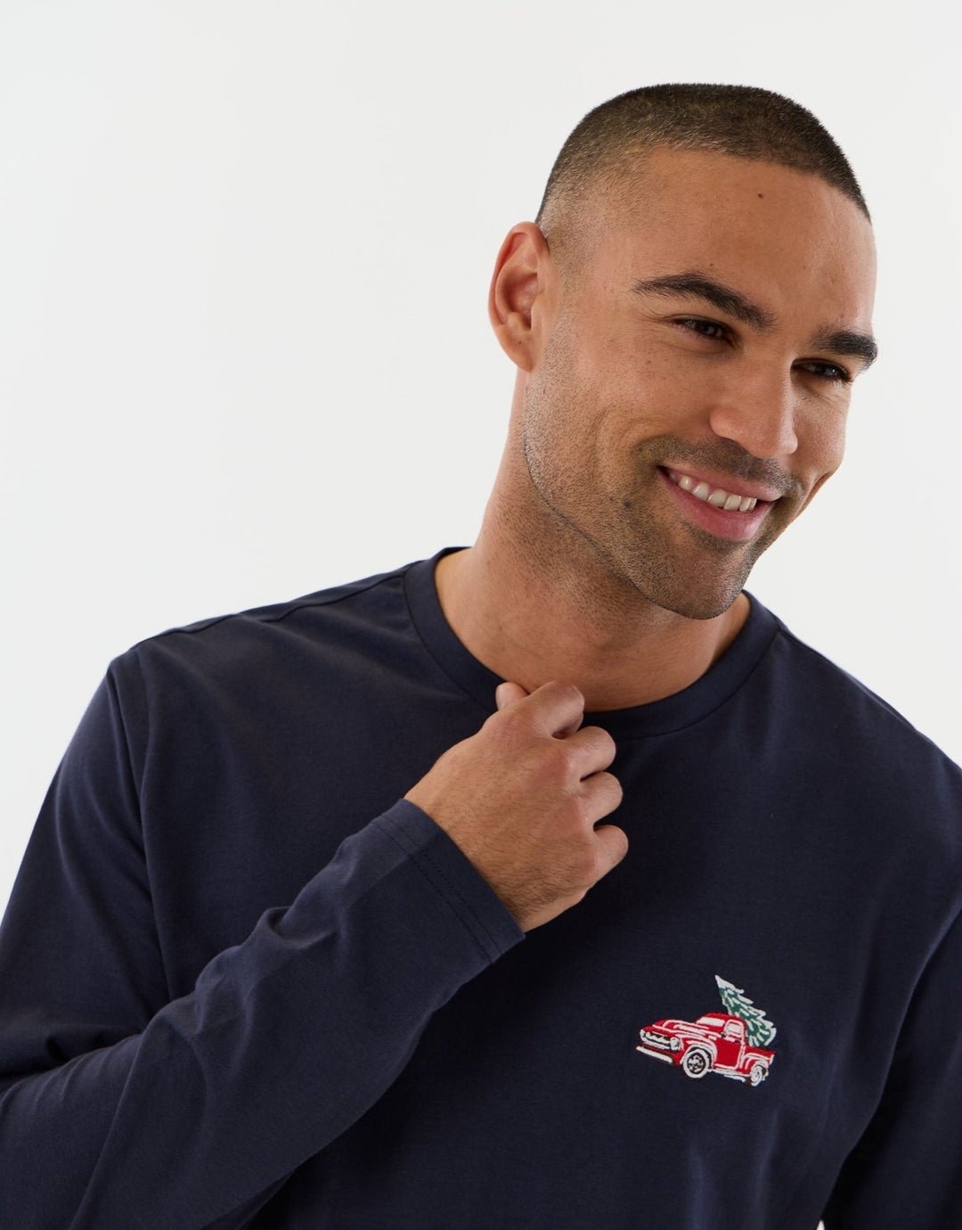 Cotton Embroidered Candy Cane Christmas Pyjama Set in Navy Check