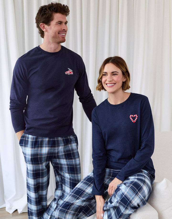 Cotton Embroidered Candy Cane Christmas Pyjama Set in Navy Check
