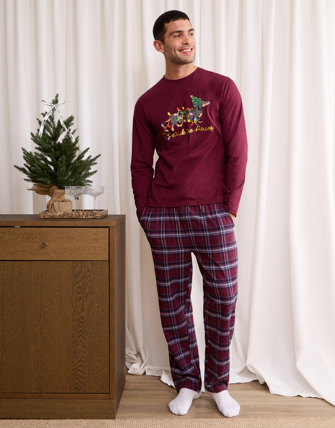 Festive Sausage Dog Pyjama Set in Burgundy