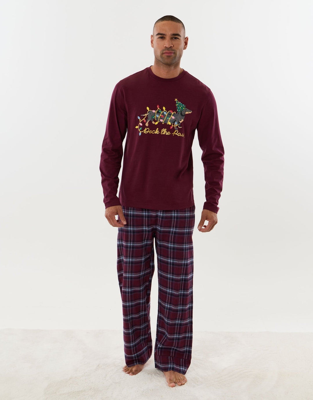 Festive Sausage Dog Pyjama Set in Burgundy