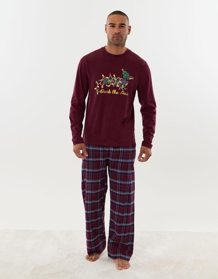Festive Sausage Dog Pyjama Set in Burgundy