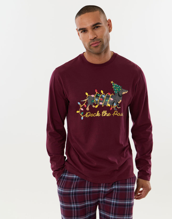 Festive Sausage Dog Pyjama Set in Burgundy