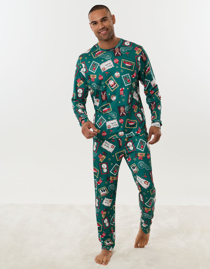 Festive Stamps Pyjama Set in Green Graphic Print