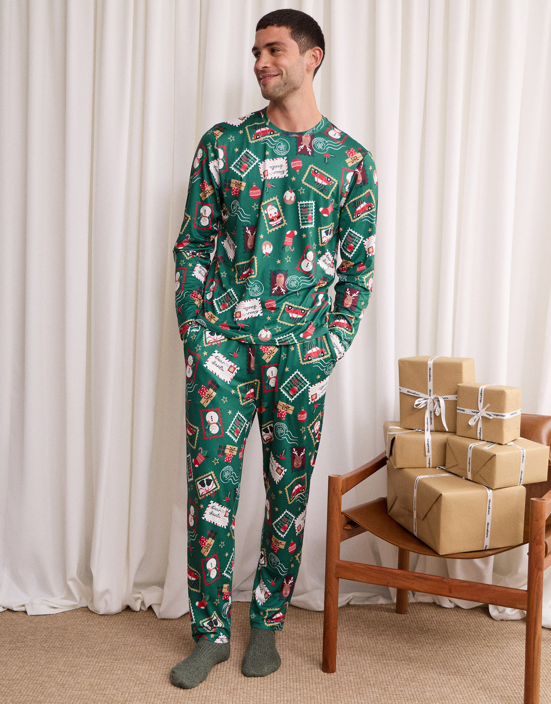 Festive Stamps Pyjama Set in Green Graphic Print