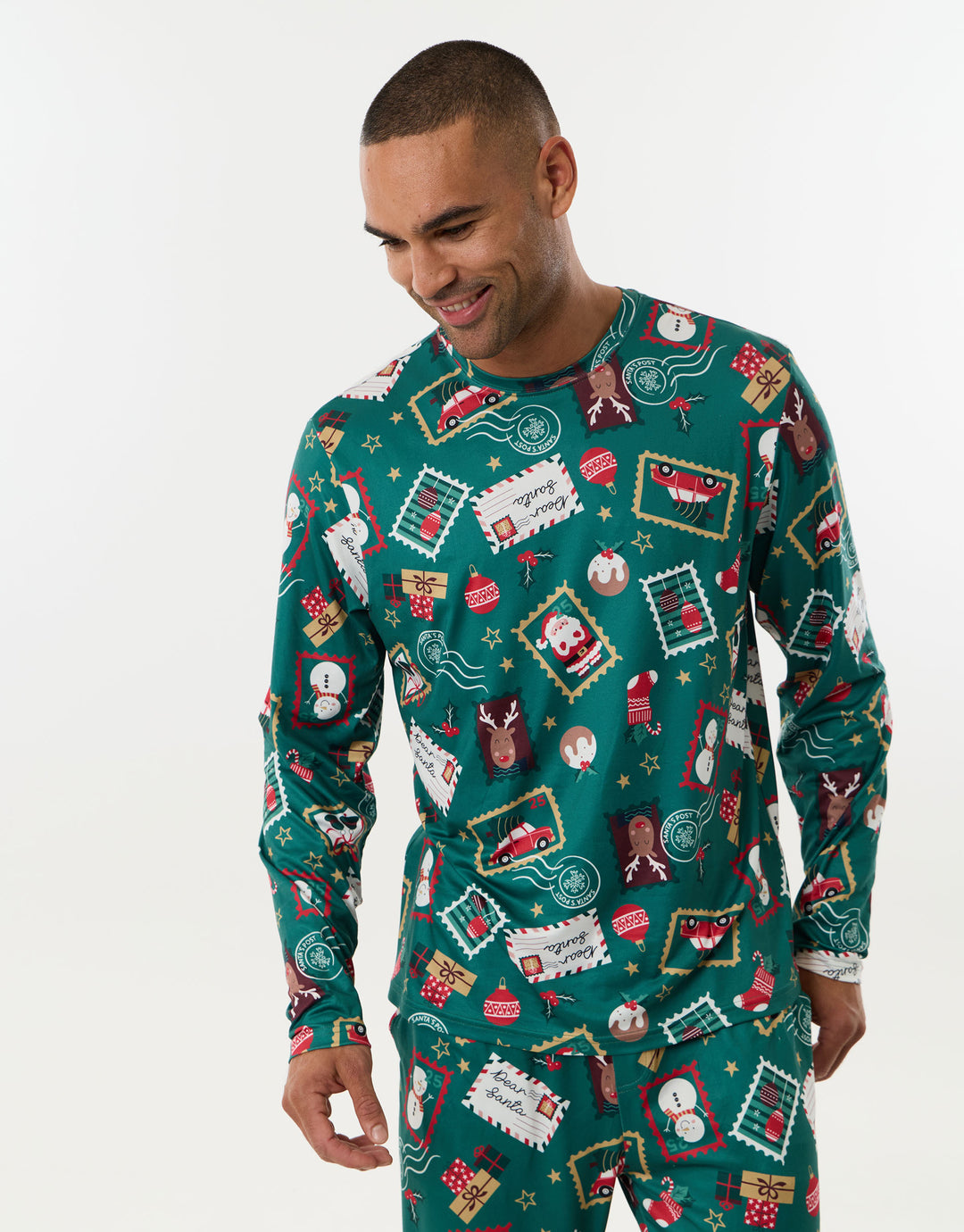 Festive Stamps Pyjama Set in Green Graphic Print