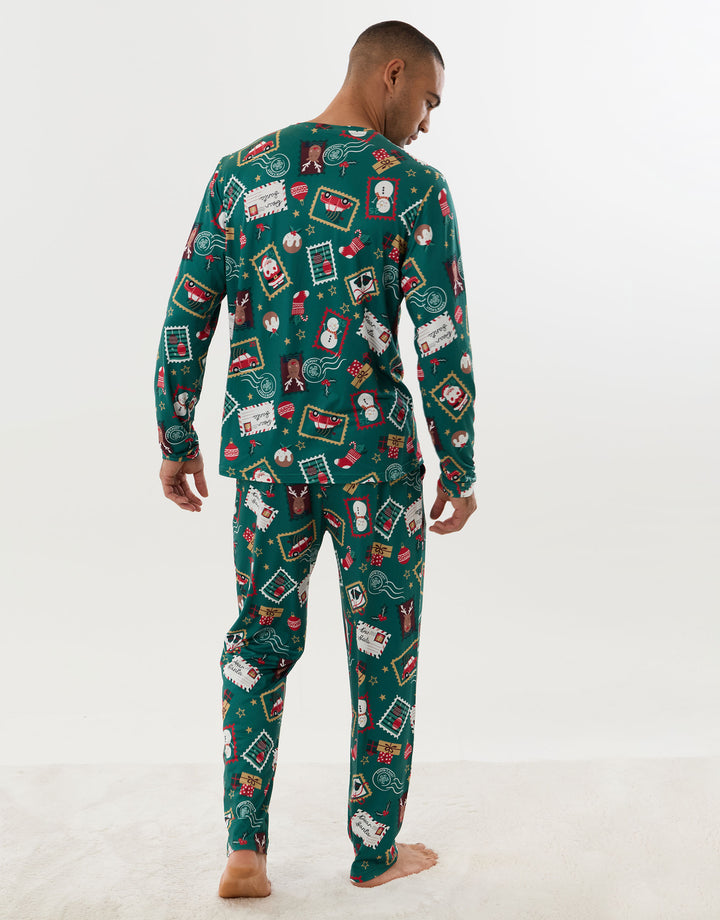 Festive Stamps Pyjama Set in Green Graphic Print