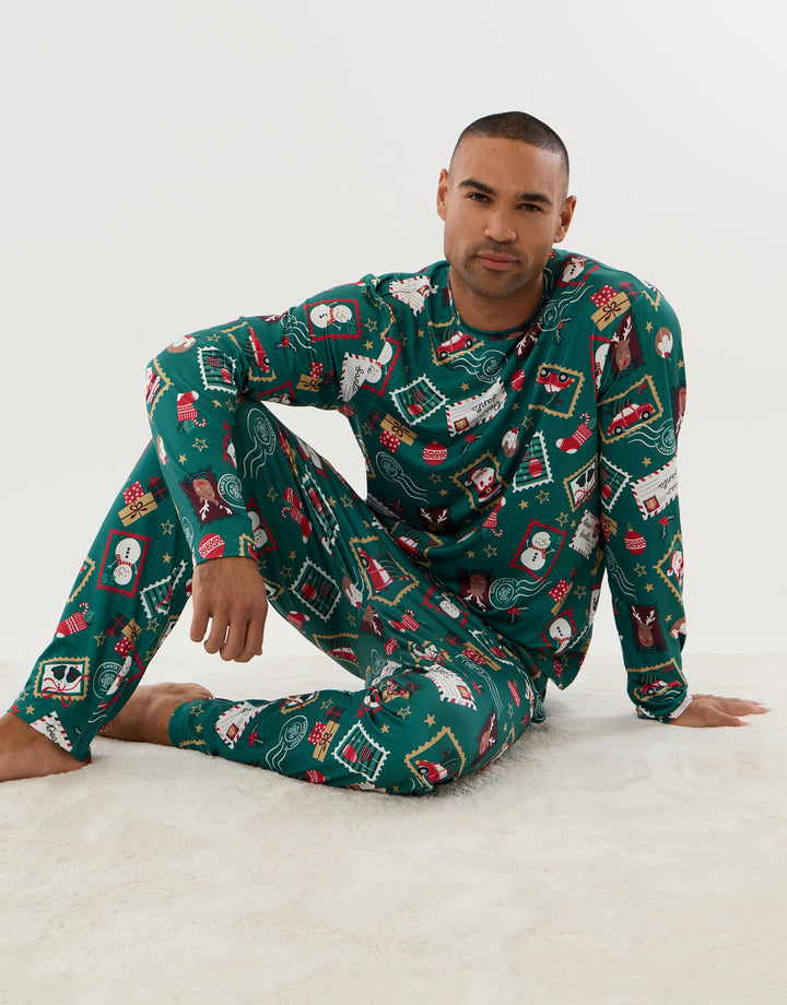 Festive Stamps Pyjama Set in Green Graphic Print