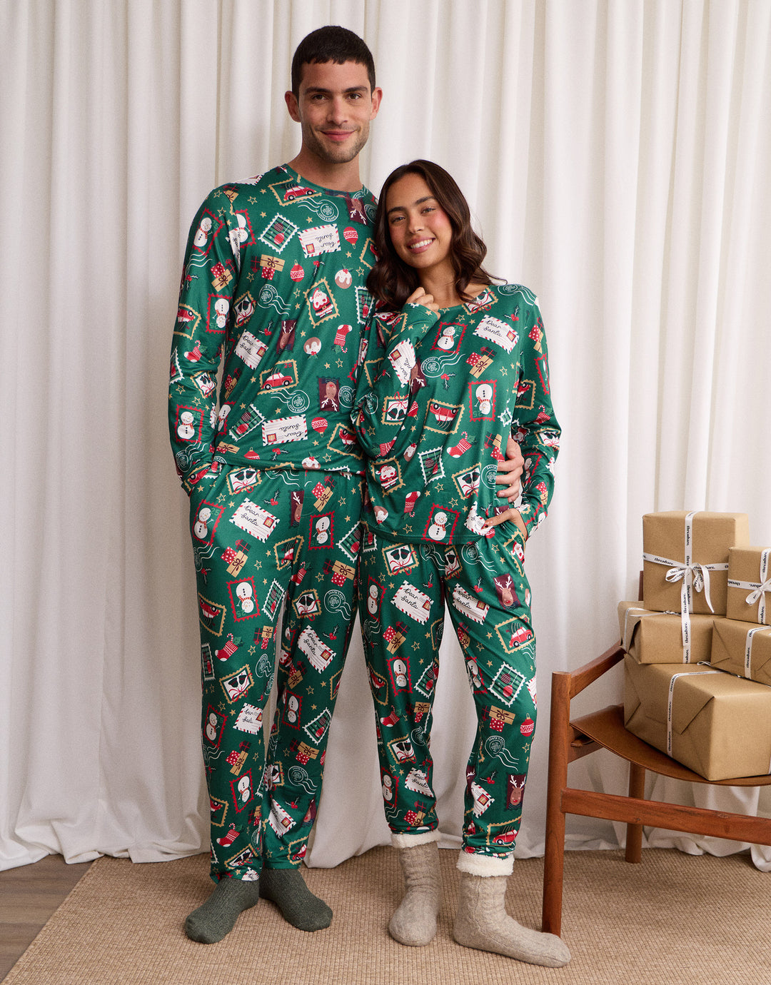 Festive Stamps Pyjama Set in Green Graphic Print