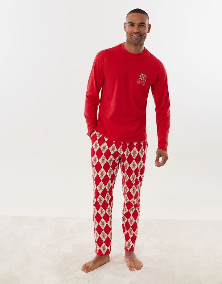 Cotton Gingerbread Man Print Christmas Pyjama Set in Red