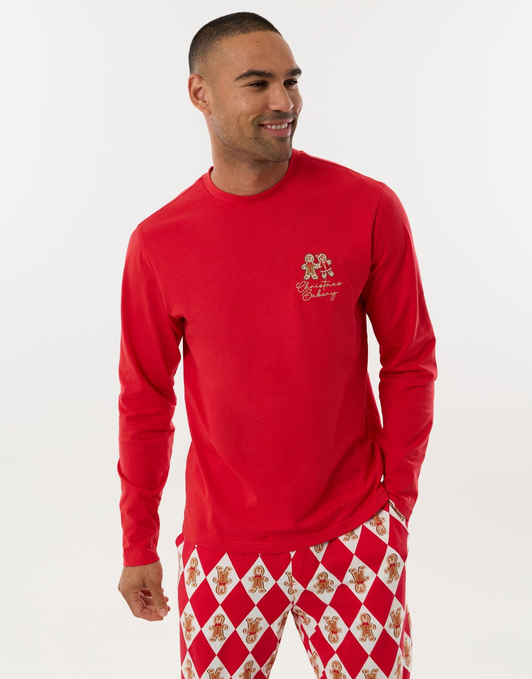 Cotton Gingerbread Man Print Christmas Pyjama Set in Red