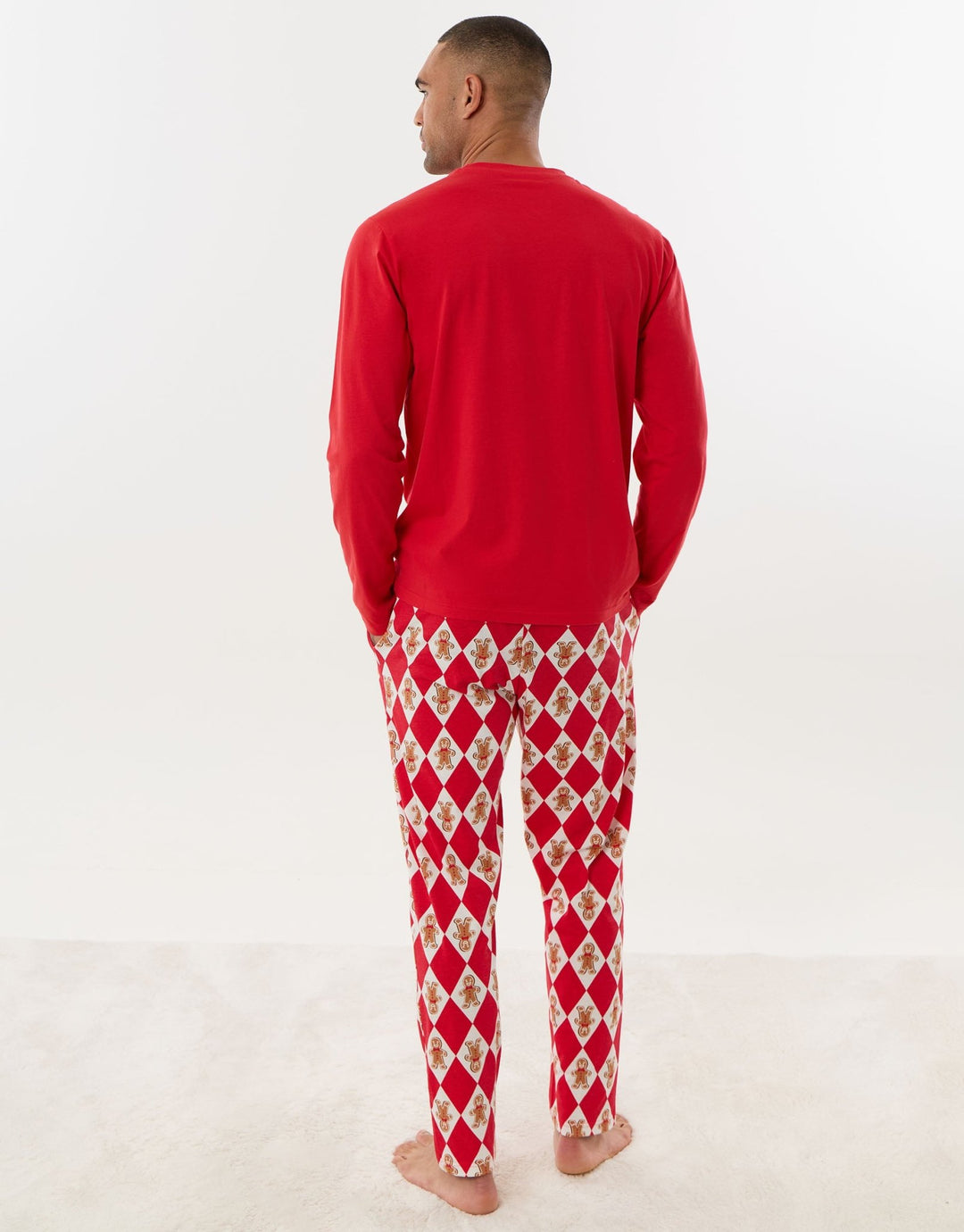 Cotton Gingerbread Man Print Christmas Pyjama Set in Red