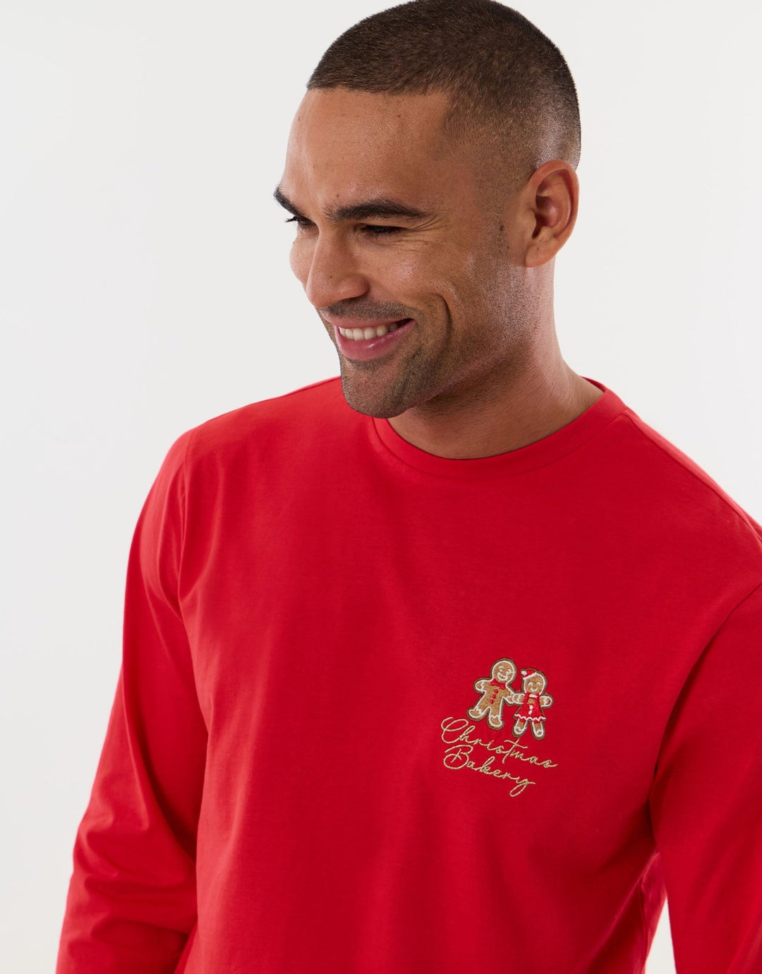 Cotton Gingerbread Man Print Christmas Pyjama Set in Red