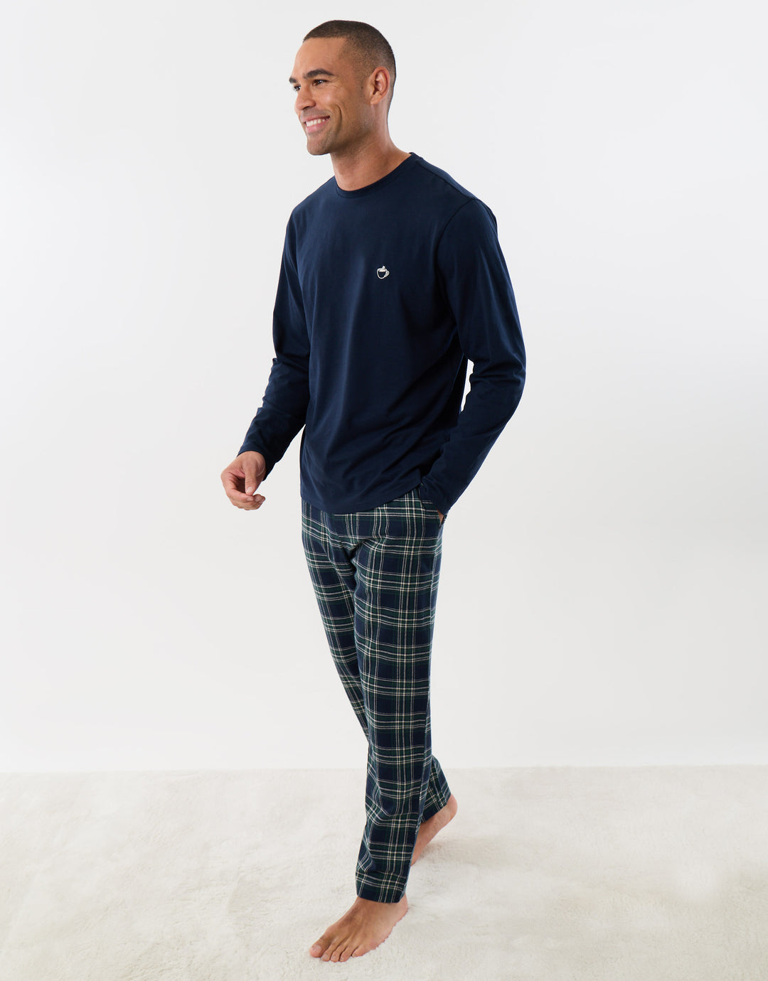 Cotton Rich Top & Flannel Trousers Pjyama Set in Navy Check