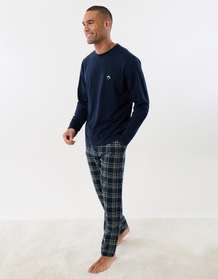 Cotton Rich Top & Flannel Trousers Pjyama Set in Navy Check