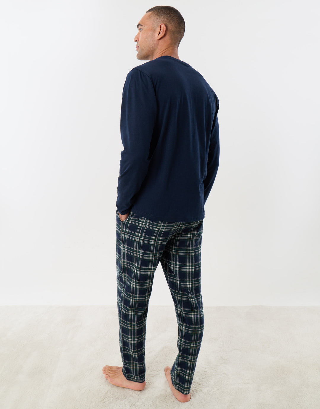 Cotton Rich Top & Flannel Trousers Pjyama Set in Navy Check