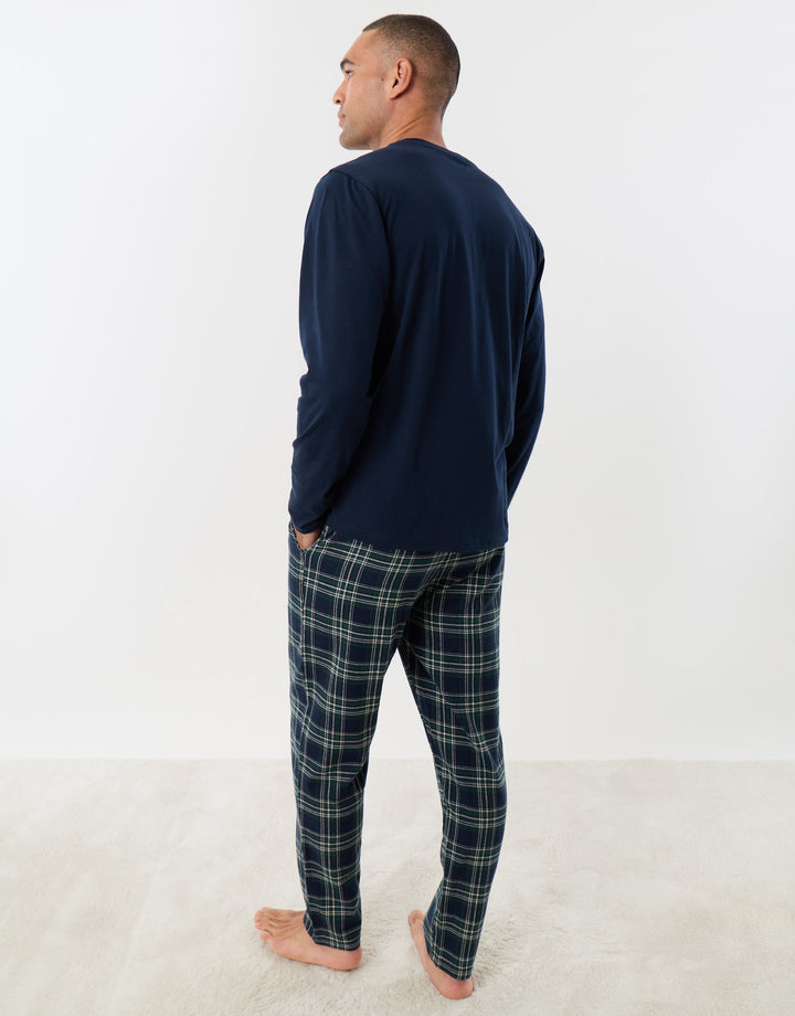 Cotton Rich Top & Flannel Trousers Pjyama Set in Navy Check