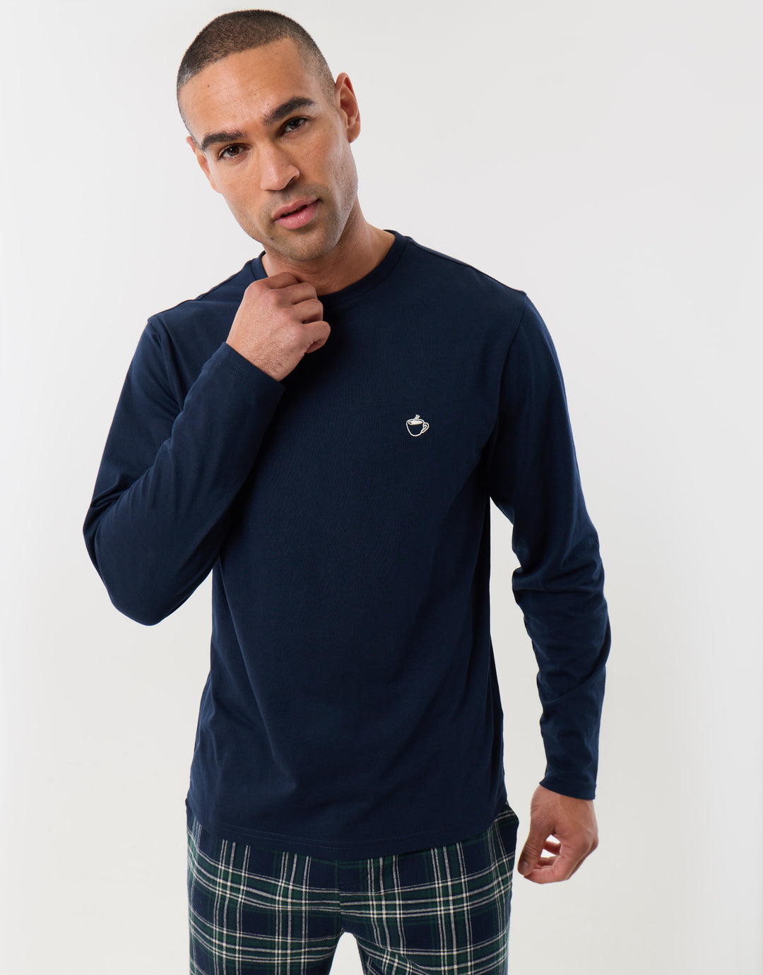Cotton Rich Top & Flannel Trousers Pjyama Set in Navy Check