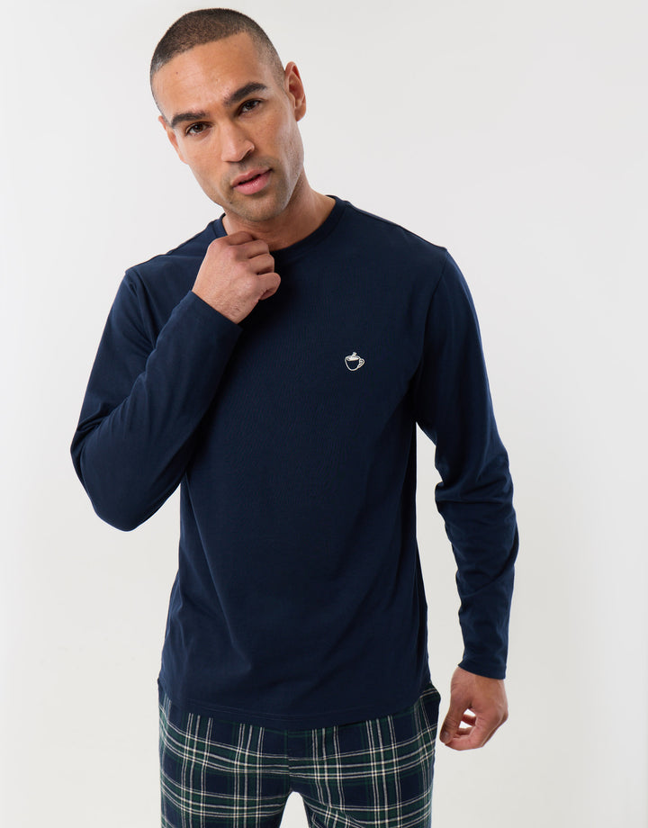 Cotton Rich Top & Flannel Trousers Pjyama Set in Navy Check
