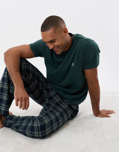 Threadbare T-Shirt & Cotton Flannel Trousers Pyjama Set in Teal Green Check - sat down