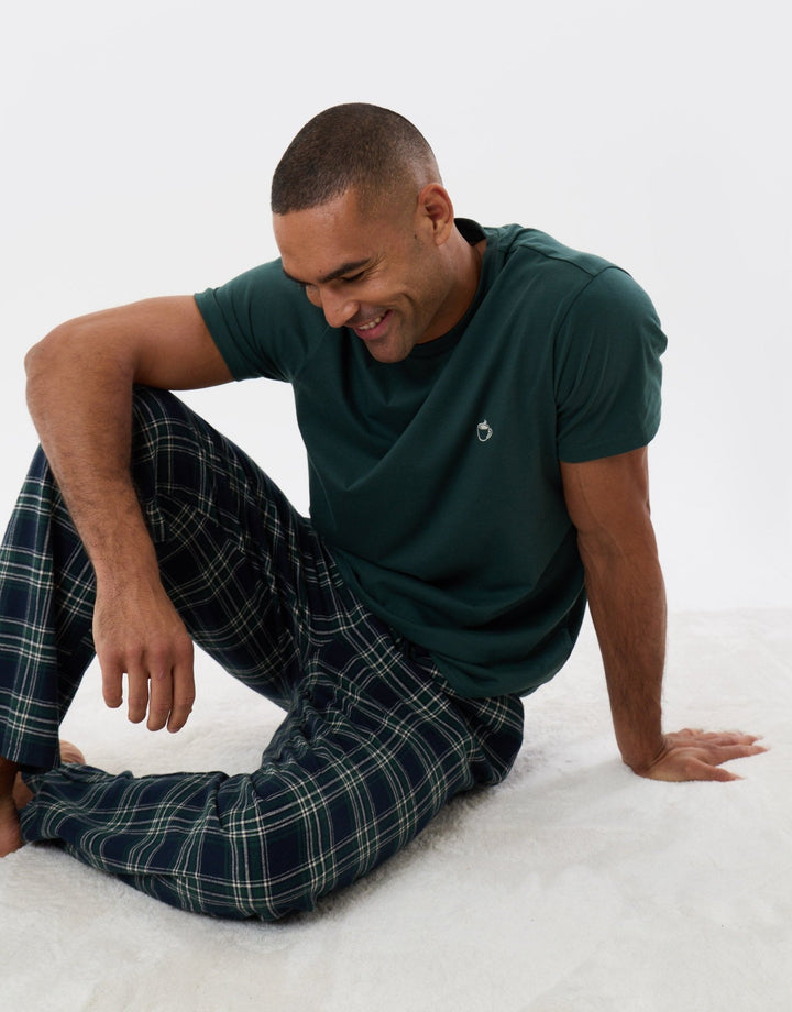 Threadbare T-Shirt & Cotton Flannel Trousers Pyjama Set in Teal Green Check - sat down