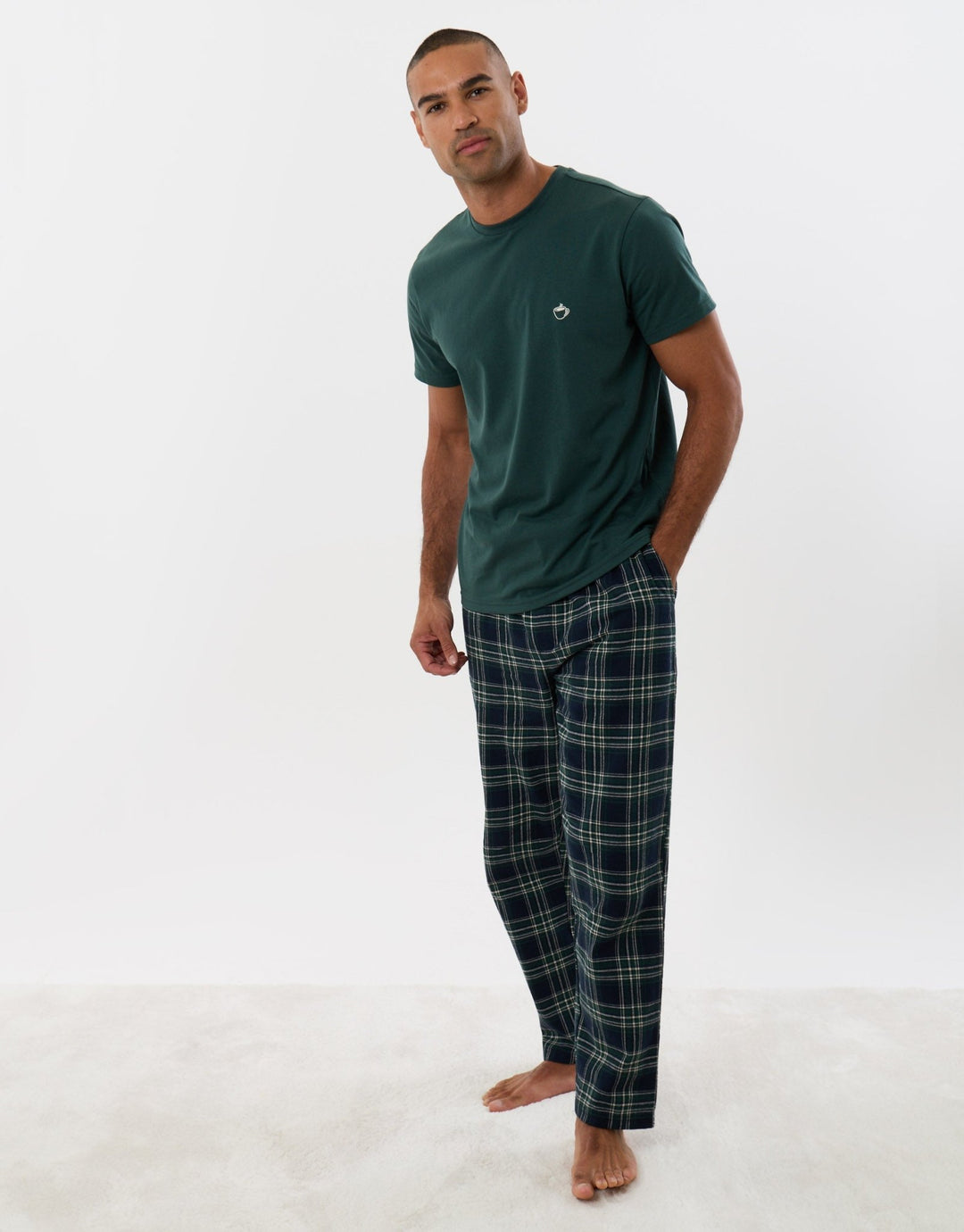 Threadbare T-Shirt & Cotton Flannel Trousers Pyjama Set in Teal Green Check - full body