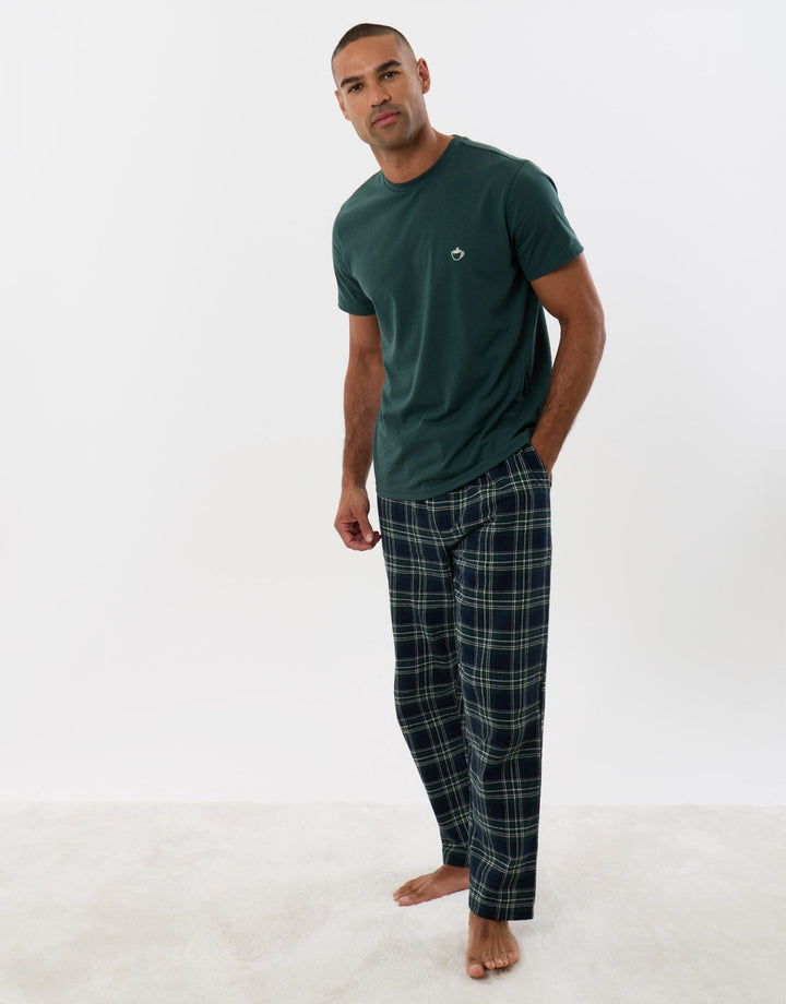 Threadbare T-Shirt & Cotton Flannel Trousers Pyjama Set in Teal Green Check - full body